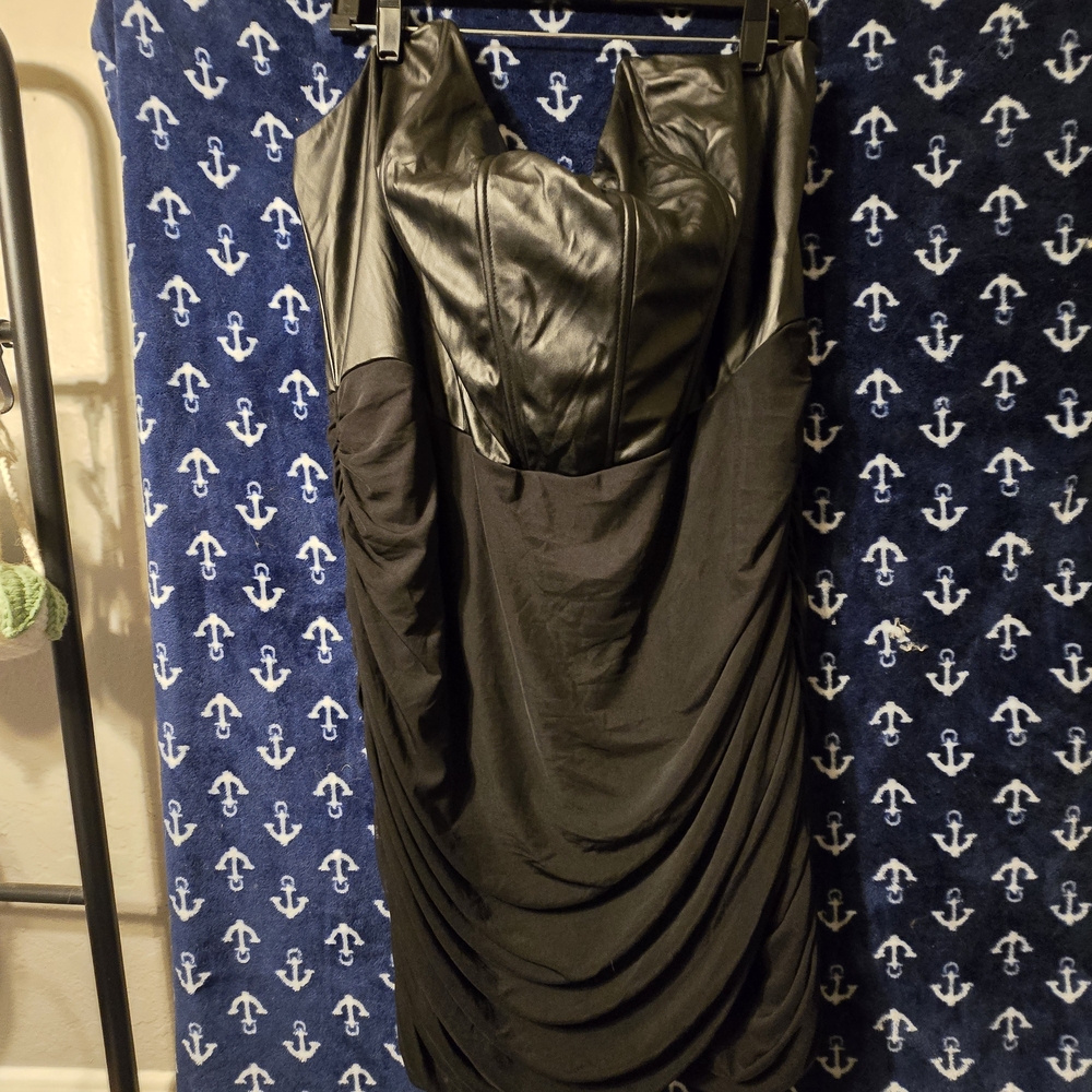 Black Strapless Dress with Leather Detail